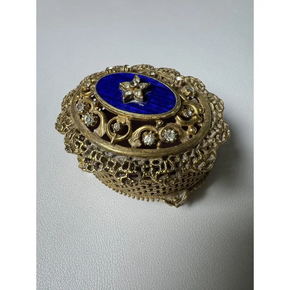 Vintage Florenza Jeweled Filigree Trinket Box Cobalt Blue Enamel Footed Oval